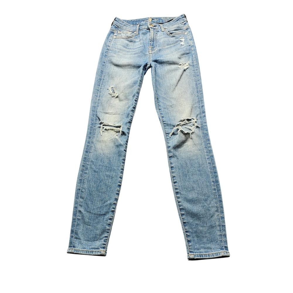 7 For All Mankind High Waist Ankle Skinny Jeans 24 Light Blue Distressed Denim